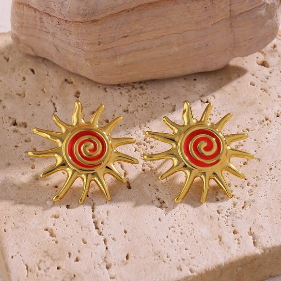 Gold and Red Sunburst Earrings Boho Style Jewelry - Picture 2 of 3